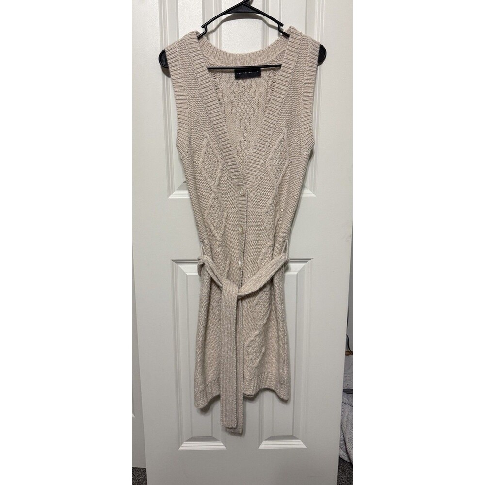 Vtg The Limited S Beige Cable Knit Sleeveless Sweater Vest Belted Longline Retro